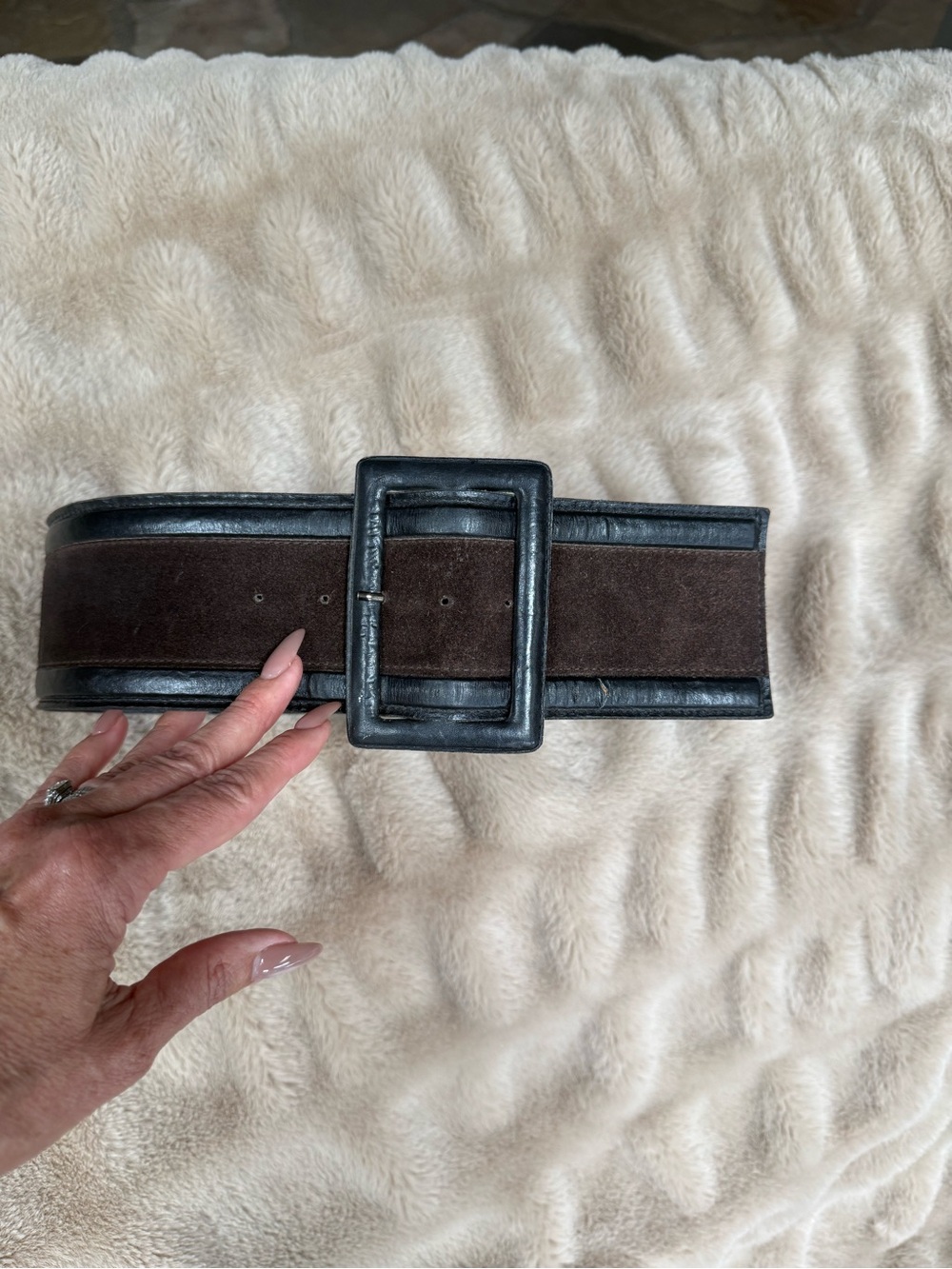 VINTAGE YSL Wide Brown Suede and Black Leather Women’s Waist Belt, Size S 24-28”